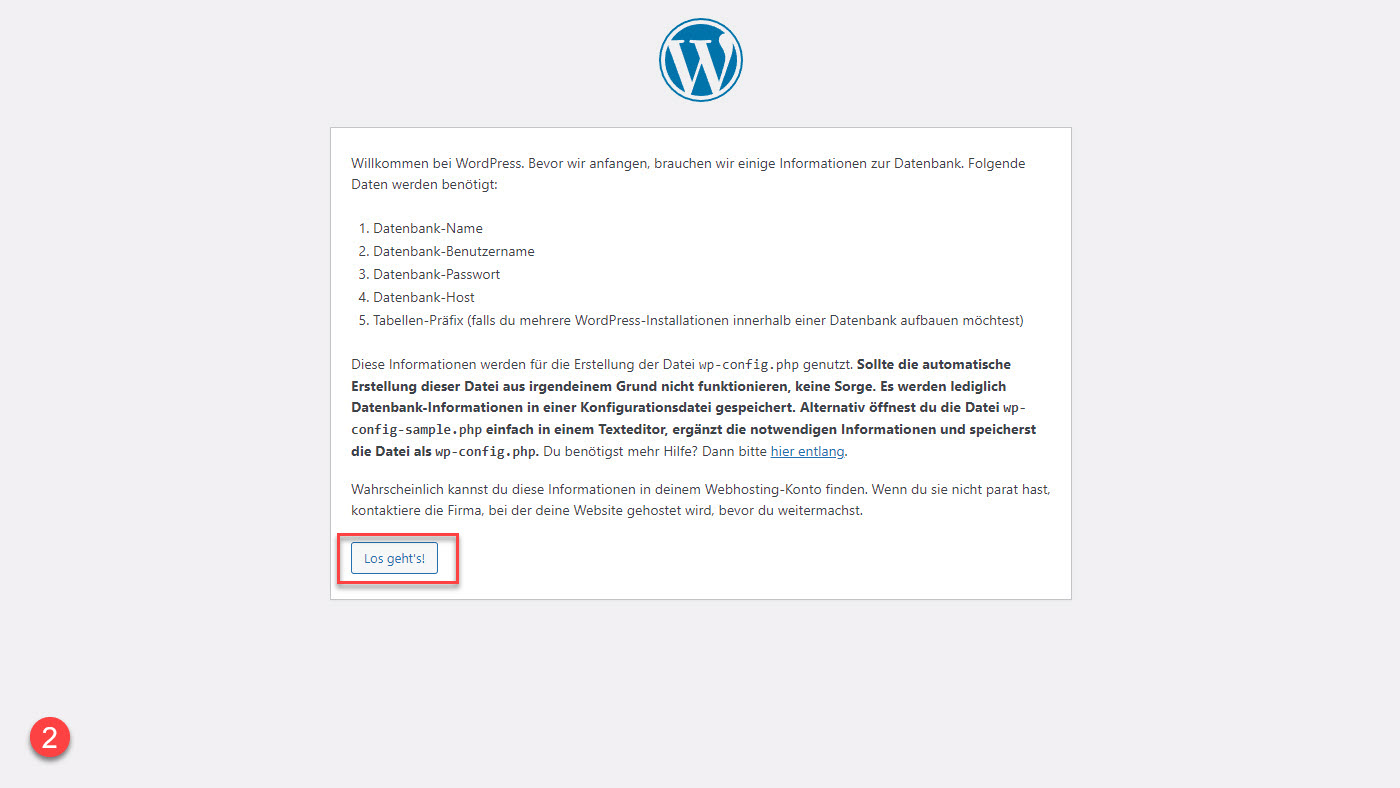 WordPress installieren | Willkommensbildschirm